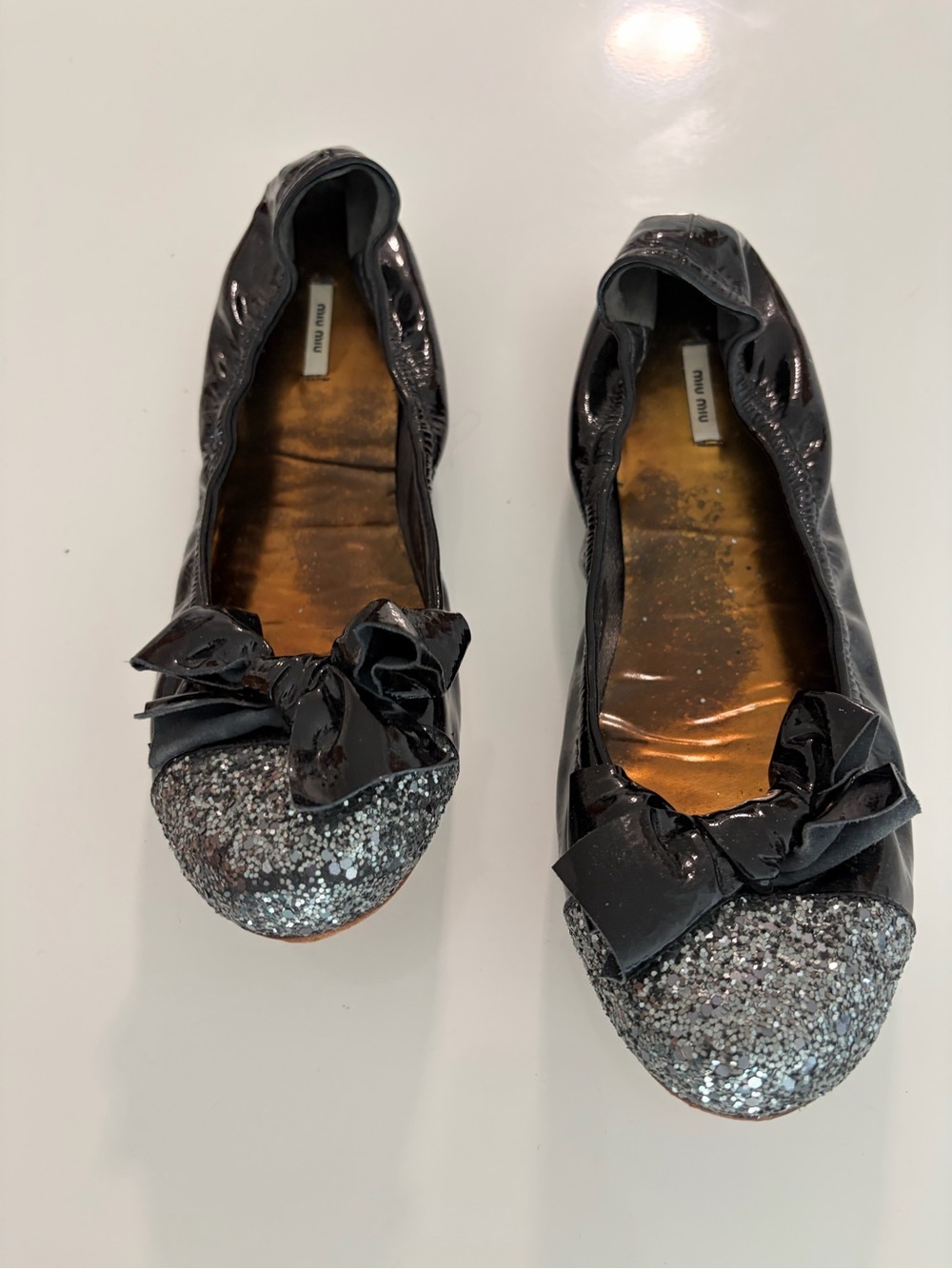 Miu Miu Black Patent Leather Ballet Flats with Silver Glitter Toe Caps